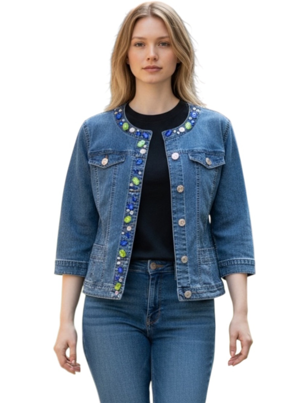 hearts of palm Blue Denim Jacket with Jewel Accents